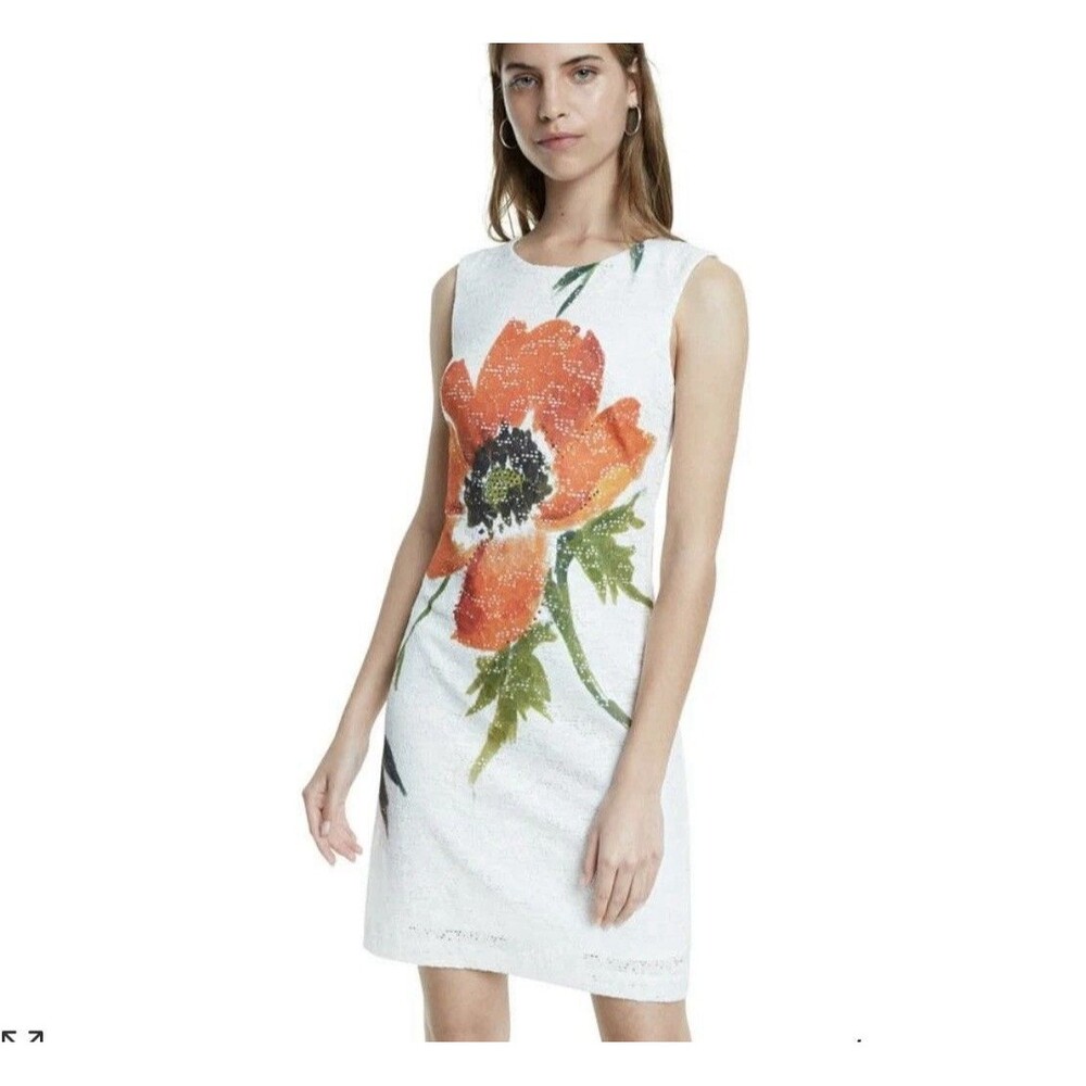 Desigual Eyre Floral Lace Sheath Dress Poppy Print White Size 46 US 12